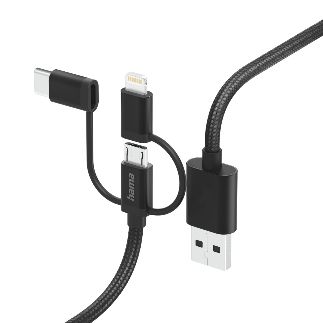 Hama 3in1-Micro-USB-Kabel mit Adapter auf USB-C und Lightning, 1,5 m, Schwarz