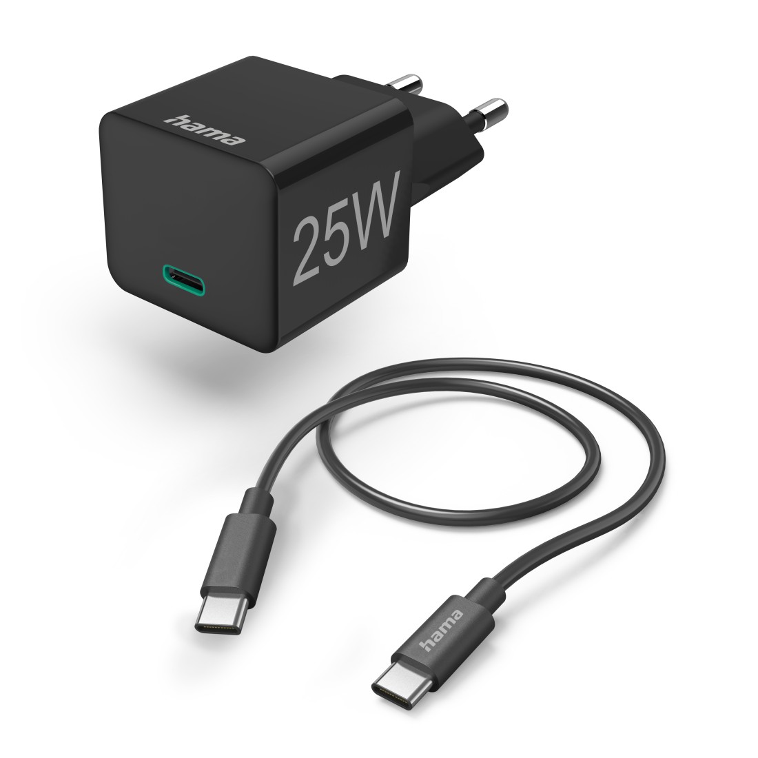 Hama Schnellladegerät m. Ladekabel USB-C, Mini-Ladegerät, PD, 25W, 1,5m, Schwarz
