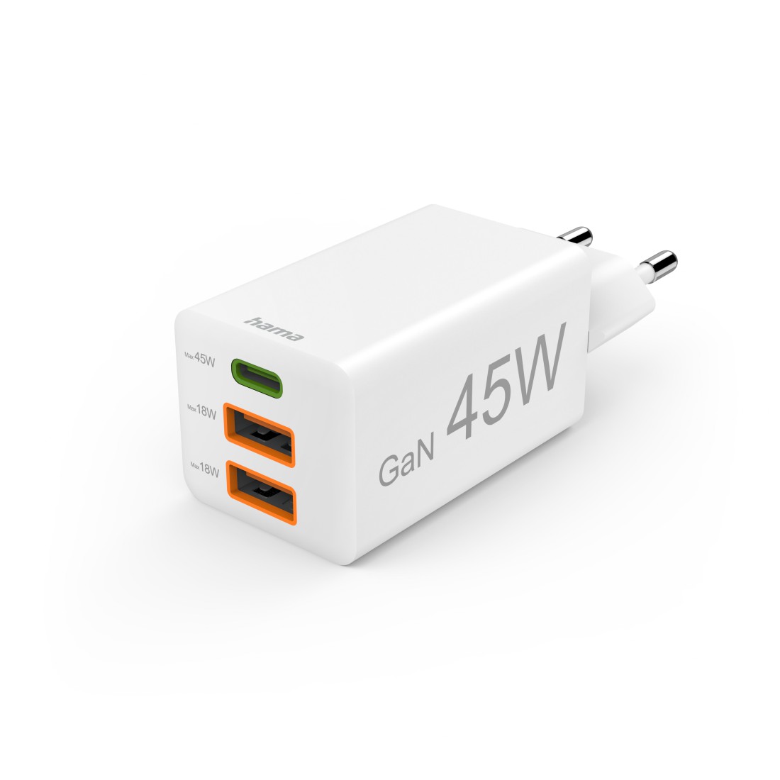 Hama Schnellladegerät, GaN, 1x USB-C, 2x USB-A, Mini-Ladegerät, PD, 45 W, Weiß