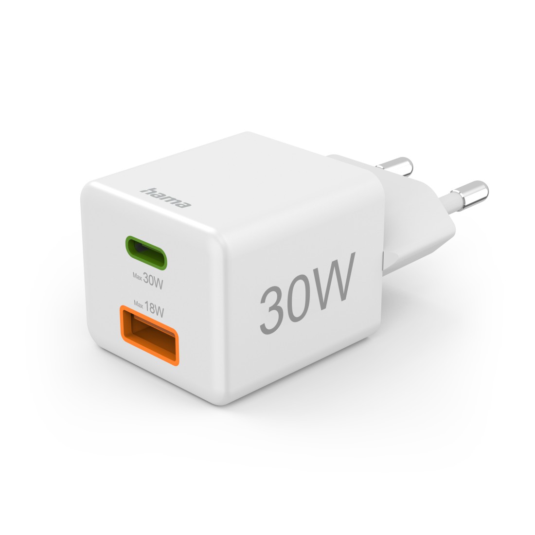 Hama Schnellladegerät, 1x USB-C, 1x USB-A, Mini-Ladegerät, PD, 30 W, Weiß