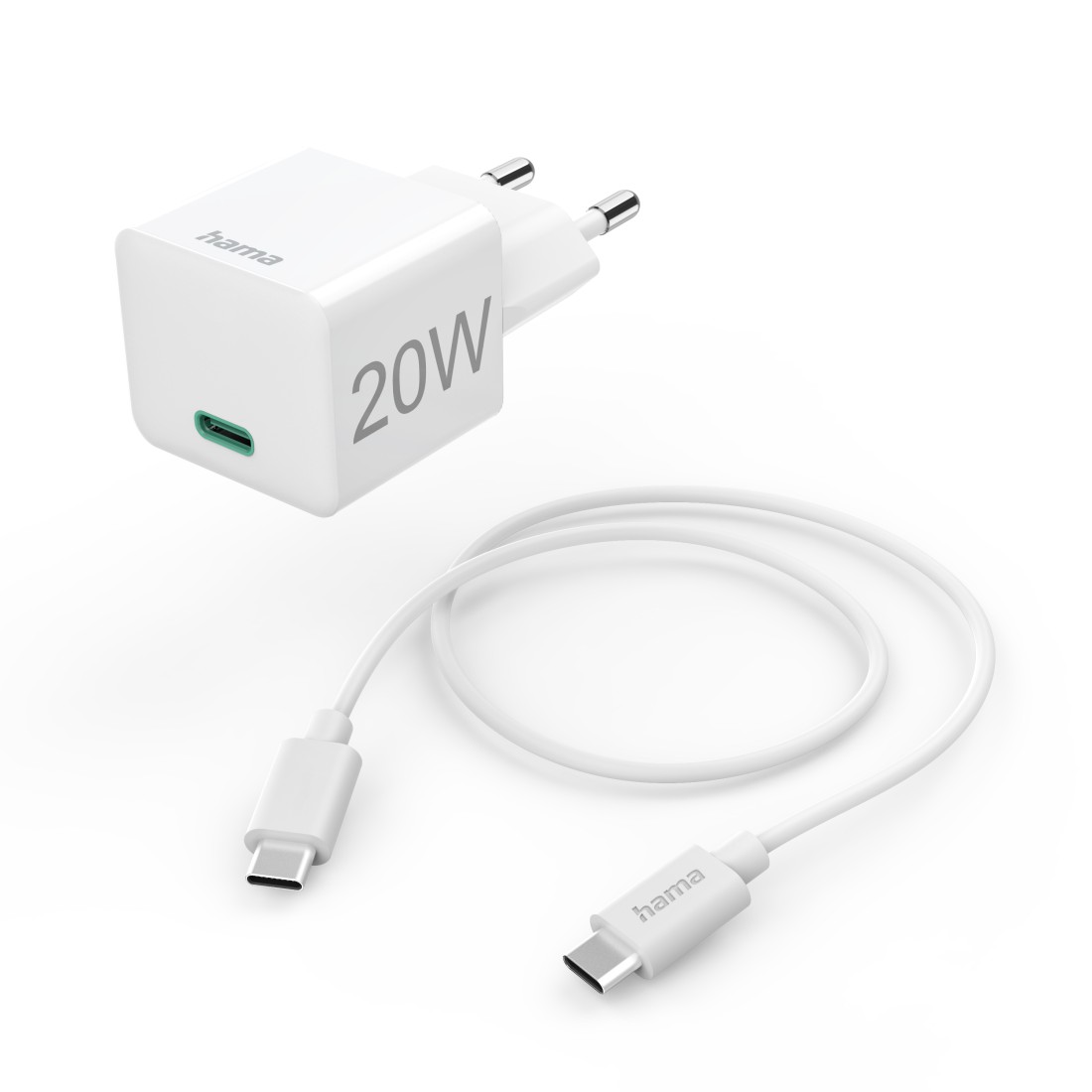 Hama Schnellladegerät mit Ladekabel USB-C, Mini-Ladegerät, PD, 20 W, 1 m, Weiß