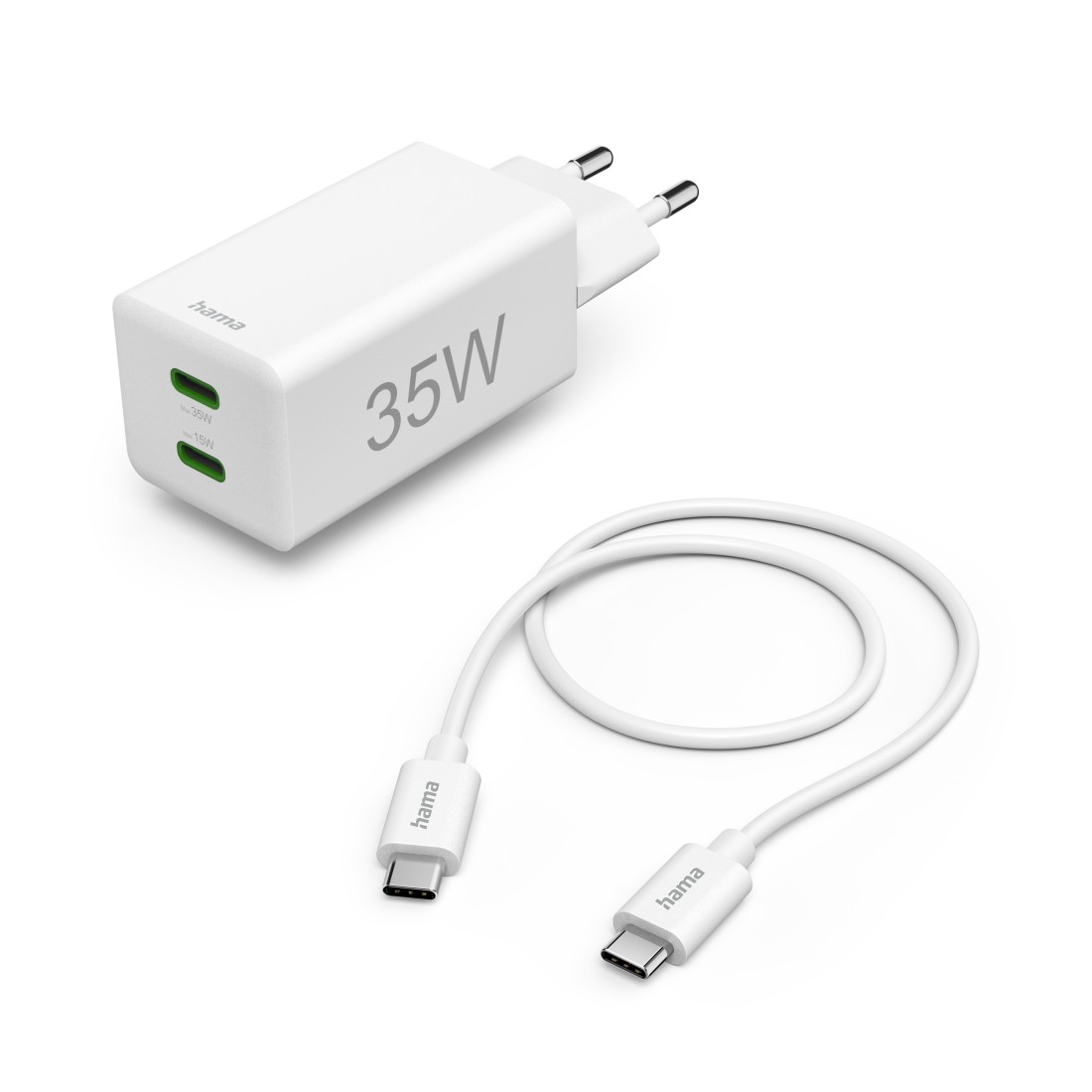 Hama Schnellladegerät + Kabel, 2x USB-C, PD/QC, Mini-Ladegerät, 35W, 1 m, Weiß