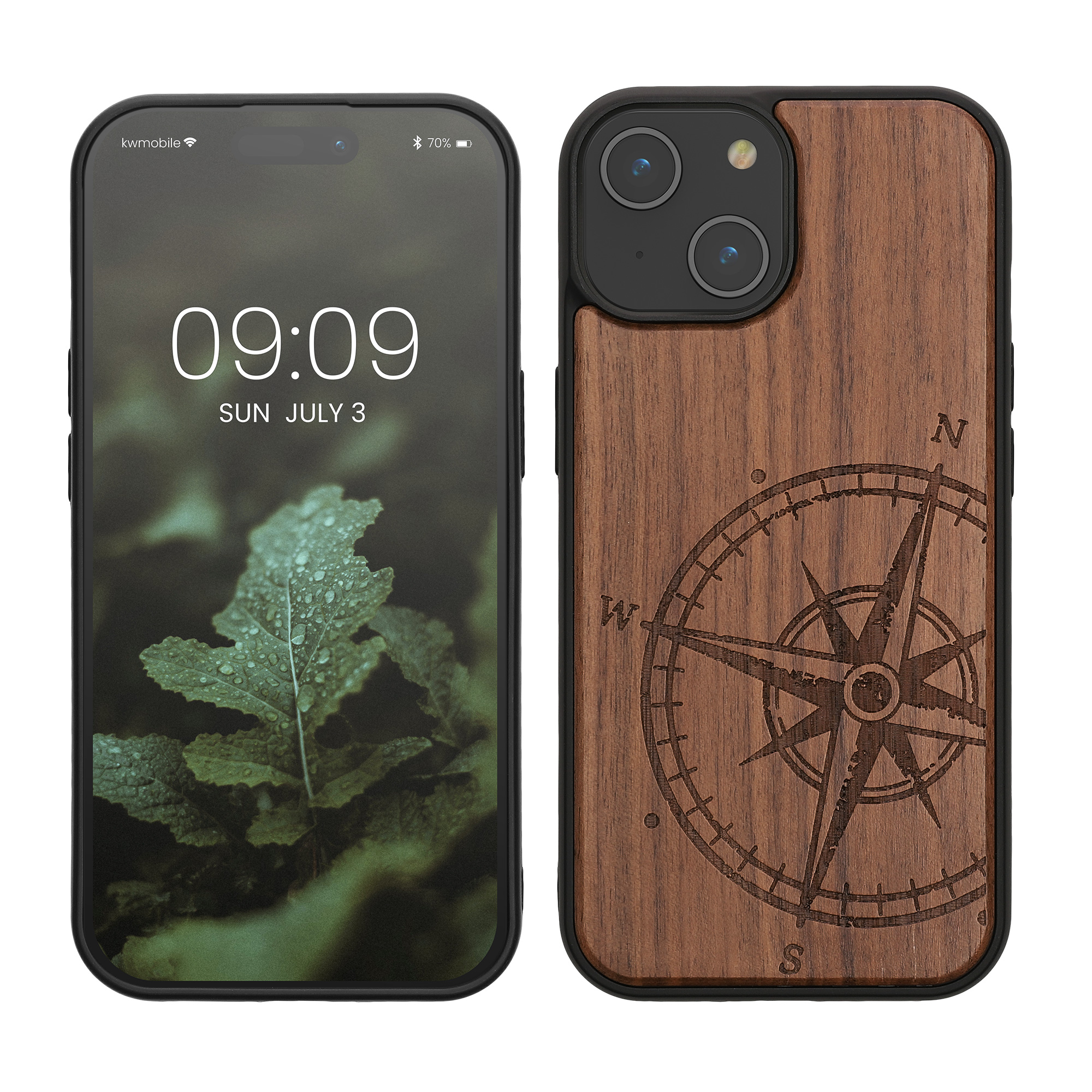 Holz Hardcase mit TPU Bumper für Apple iPhone 15 Kompass Vintage