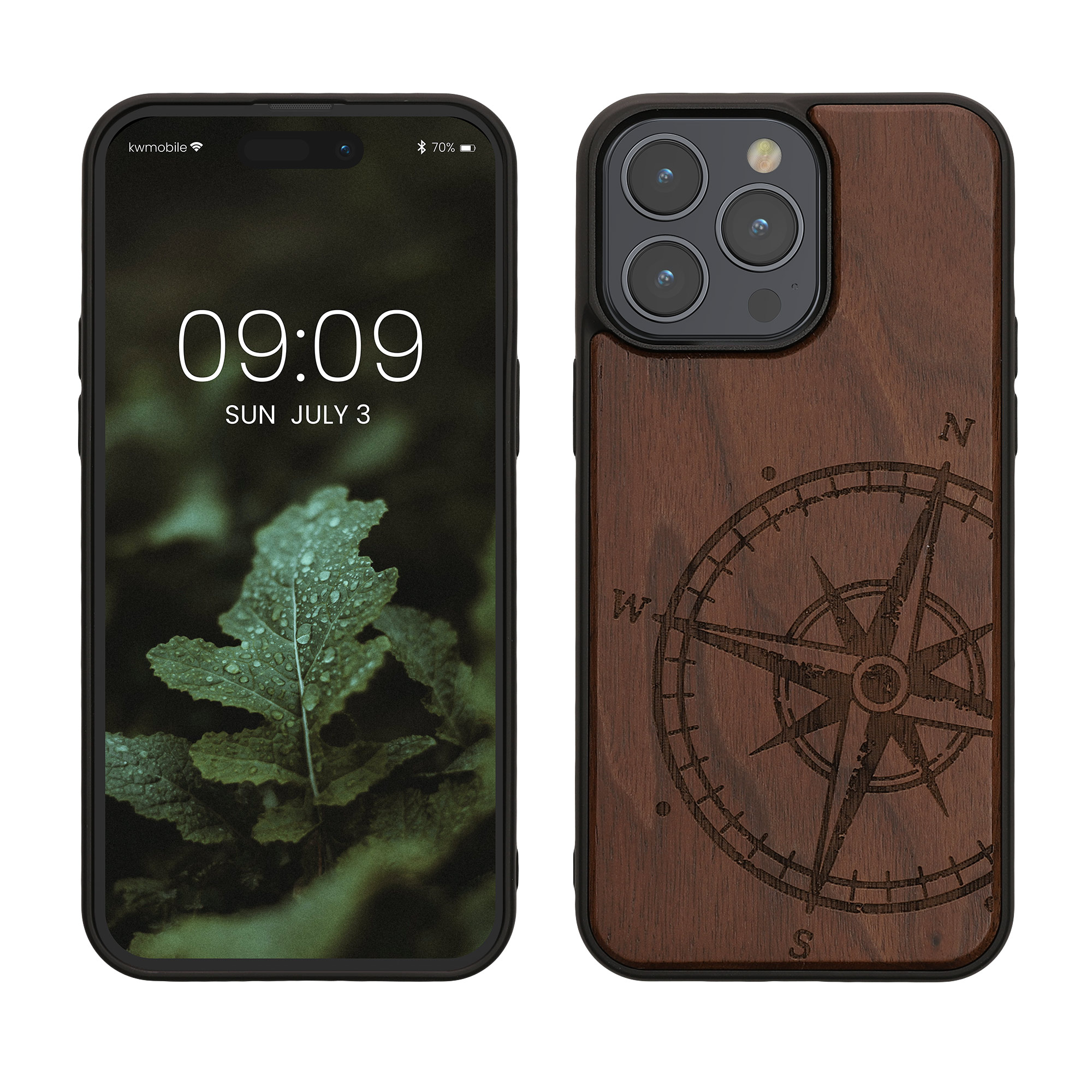 Holz Hardcase mit TPU Bumper für Apple iPhone 15 Pro Max Kompass Vintage
