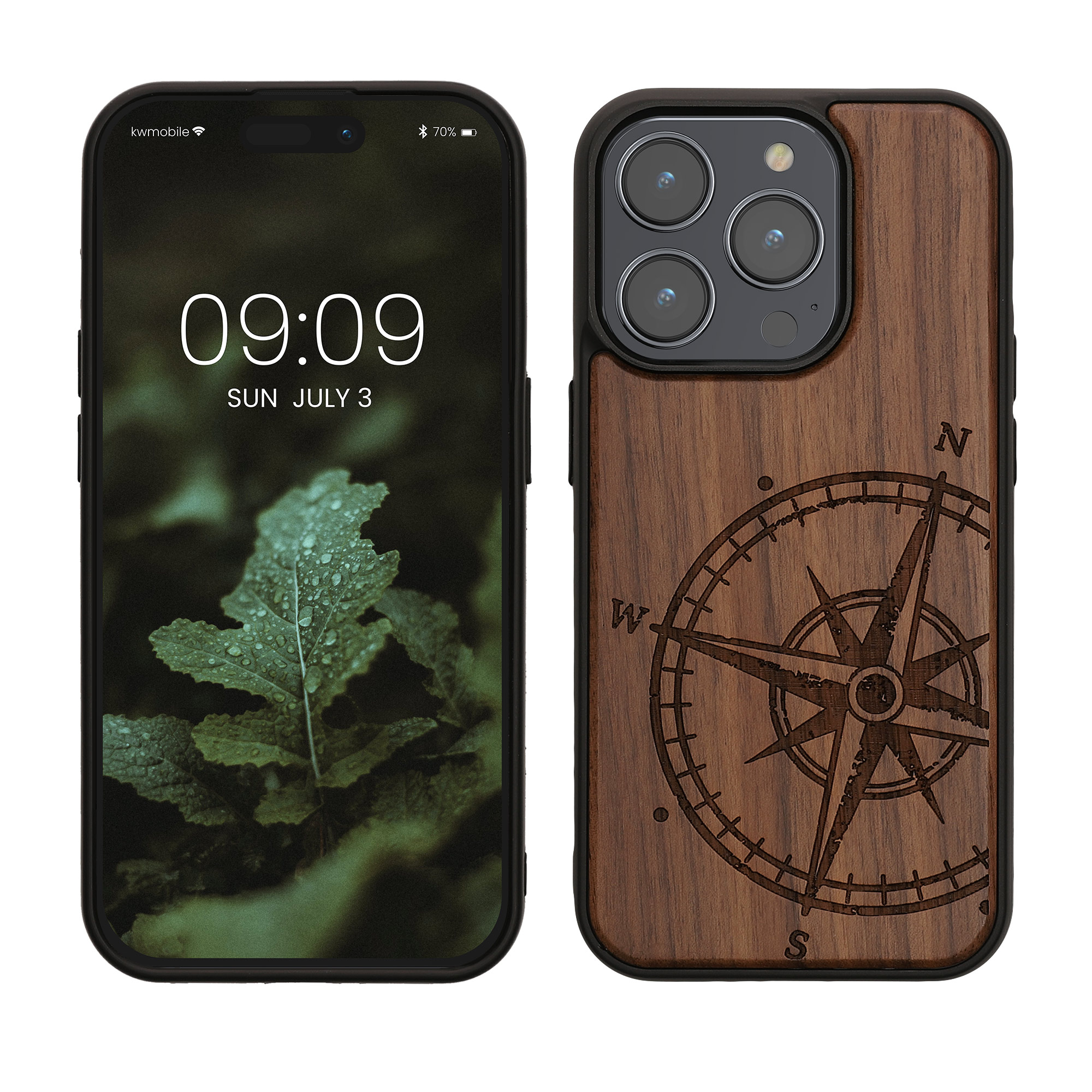 Holz Hardcase mit TPU Bumper für Apple iPhone 15 Pro Kompass Vintage