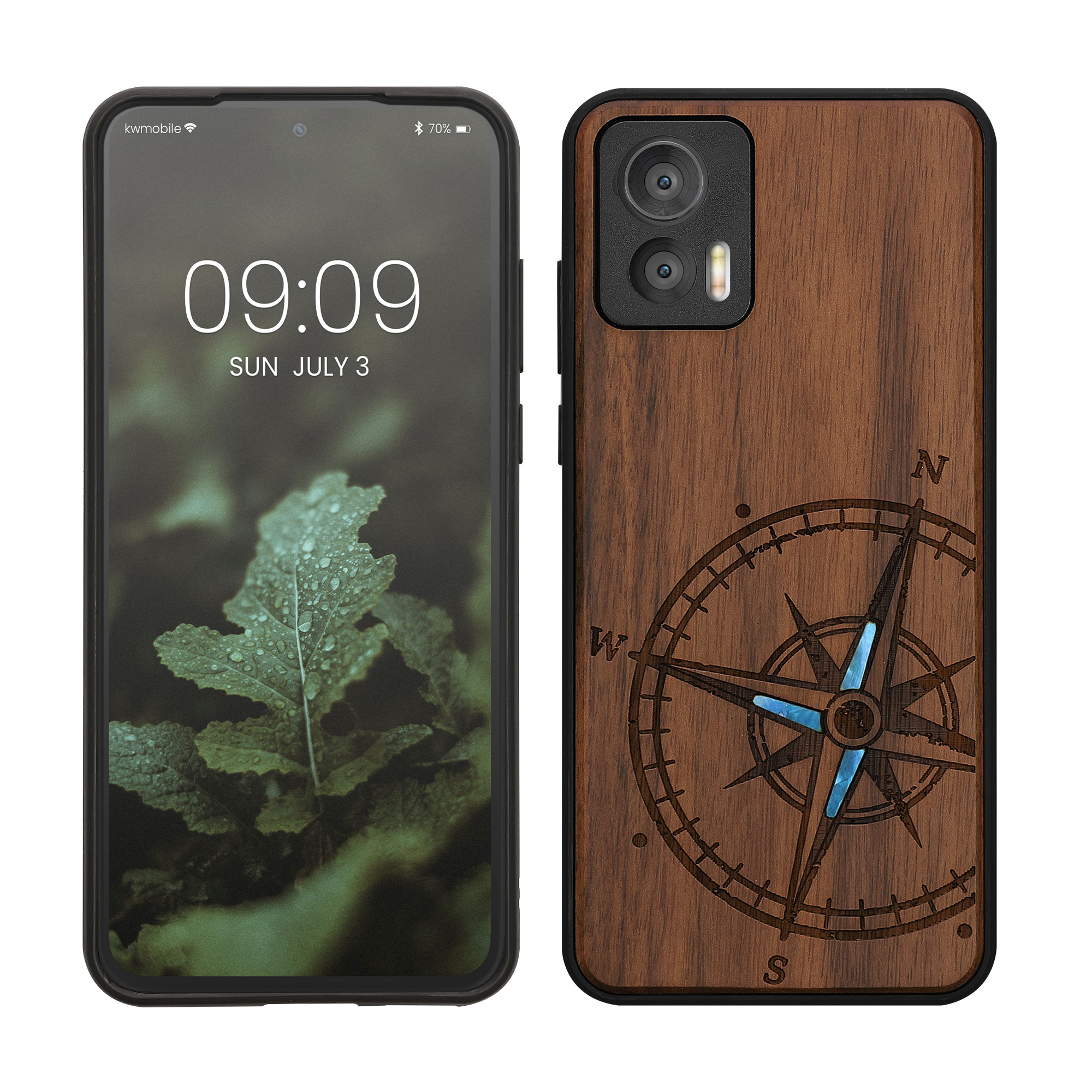 Holz Hardcase mit TPU Bumper für Motorola Edge 30 Neo Vintage Kompass mit Perlmutt