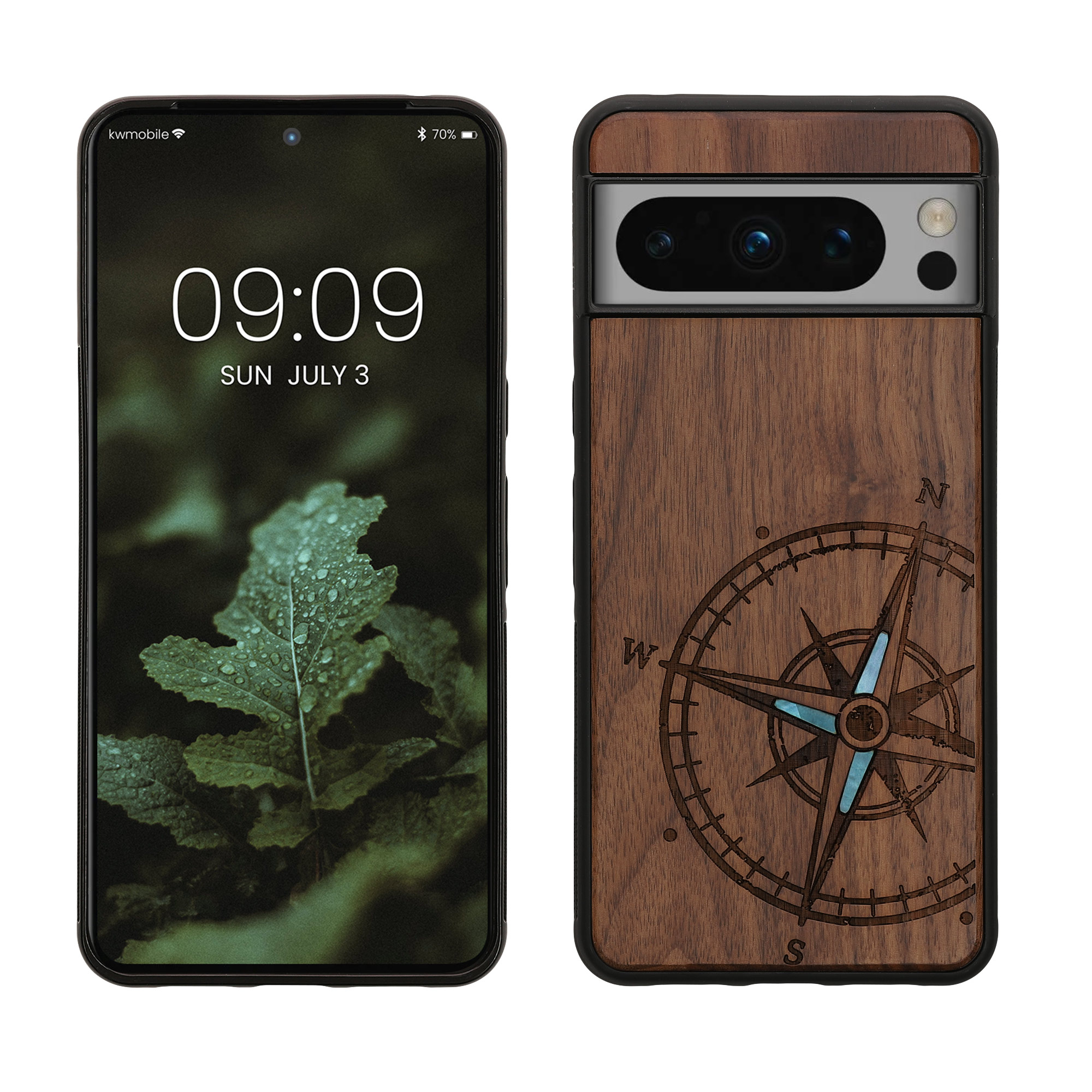 Holz Hardcase mit TPU Bumper für Google Pixel 8 Pro Vintage Kompass mit Perlmutt