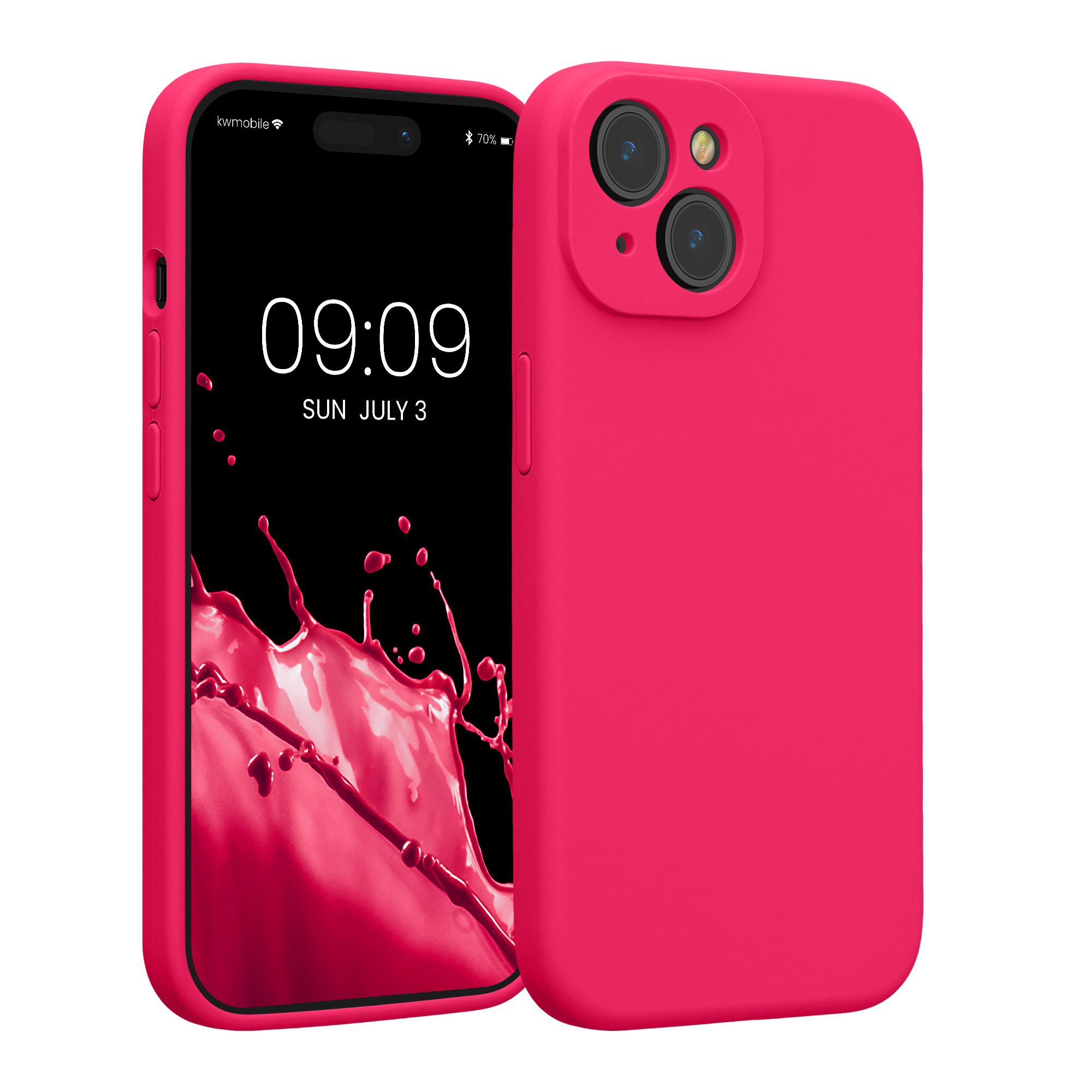 Gummierte Silikon Hülle mit Kameraschutz für Apple iPhone 15 in Neon Pink