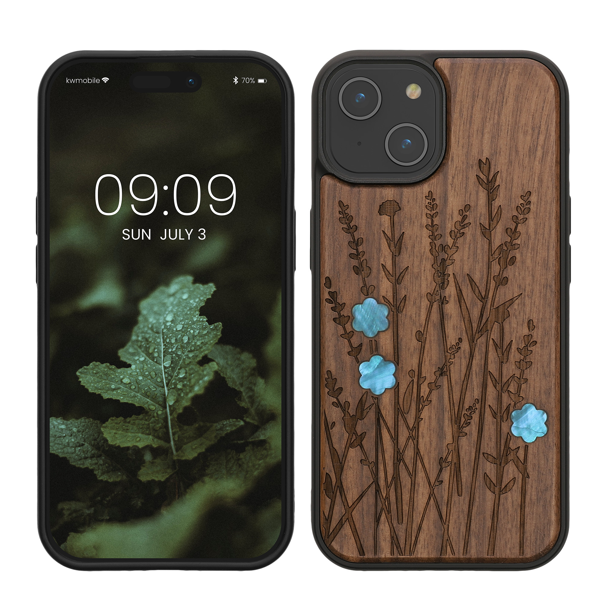 Holz Hardcase mit TPU Bumper für Apple iPhone 15 Perlmutt-Lavendel