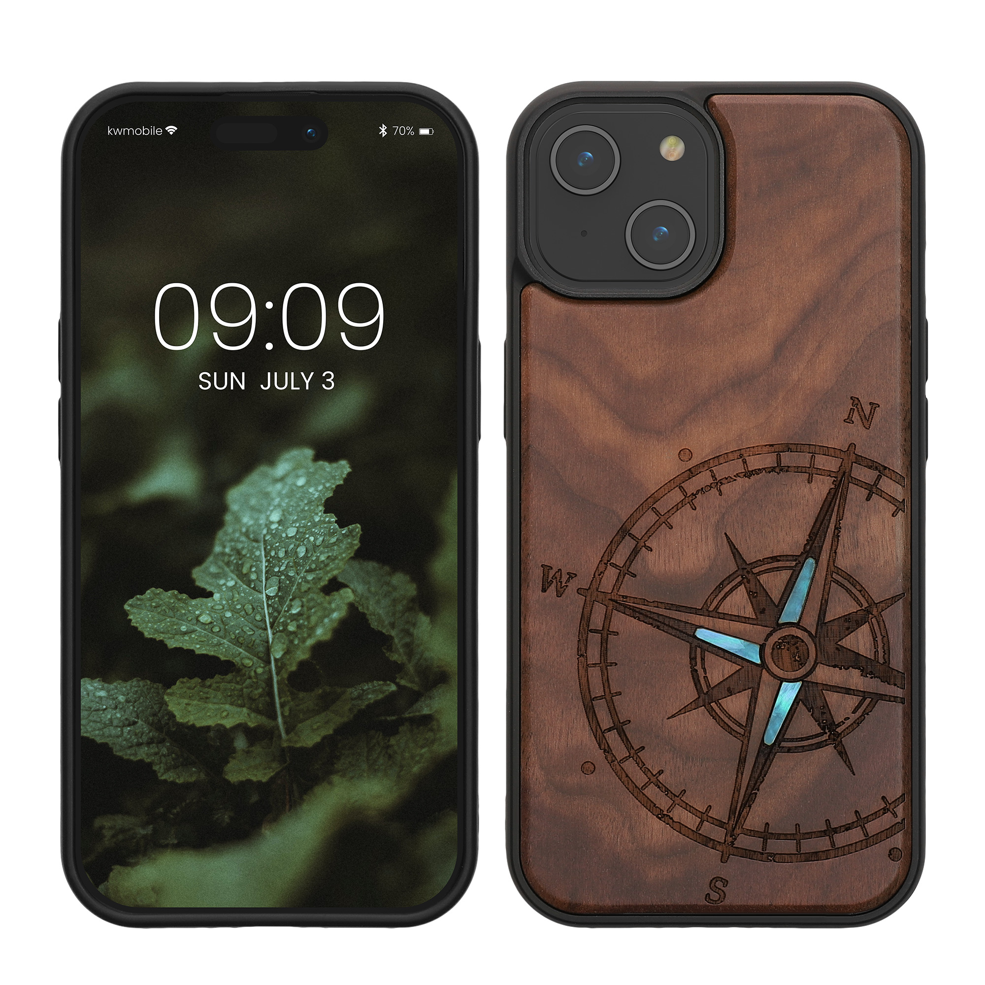 Holz Hardcase mit TPU Bumper für Apple iPhone 15 Vintage Kompass mit Perlmutt