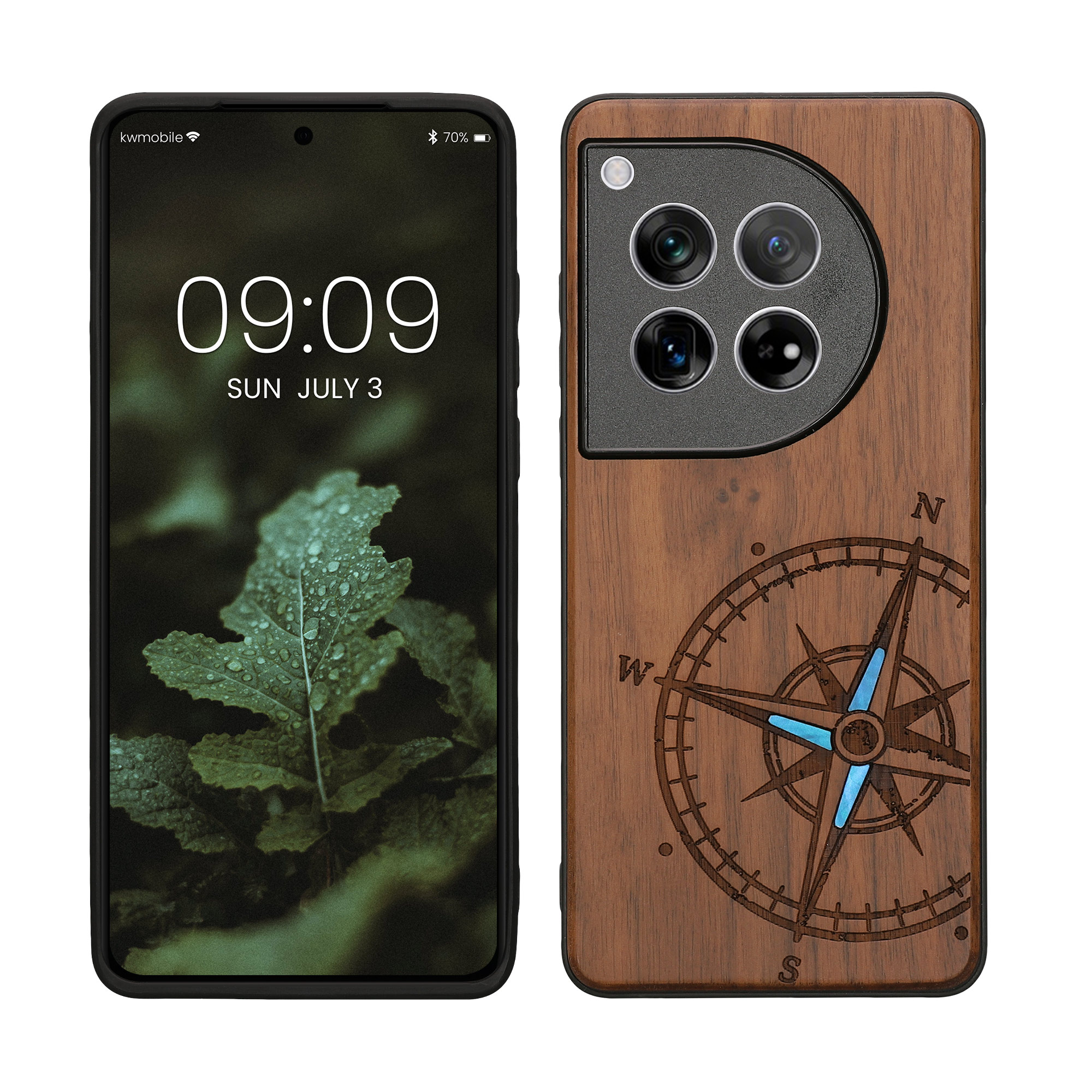 Holz Hardcase mit TPU Bumper für OnePlus 12 Vintage Kompass mit Perlmutt