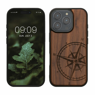 Holz Hardcase mit TPU Bumper für Apple iPhone 16 Pro Kompass Vintage