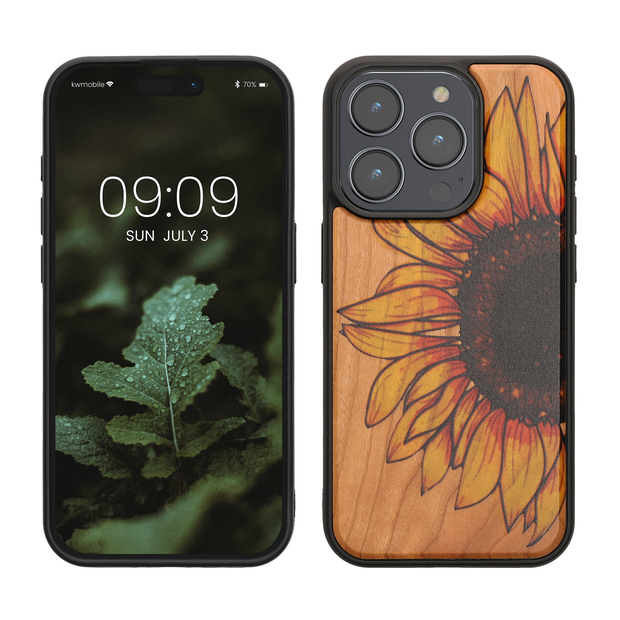 Holz Hardcase mit TPU Bumper für iPhone 15 Pro Wood Sunflower Design