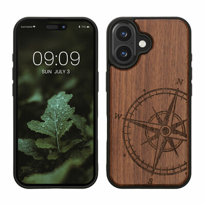 Holz Hardcase mit TPU Bumper für Apple iPhone 16 Kompass Vintage Design