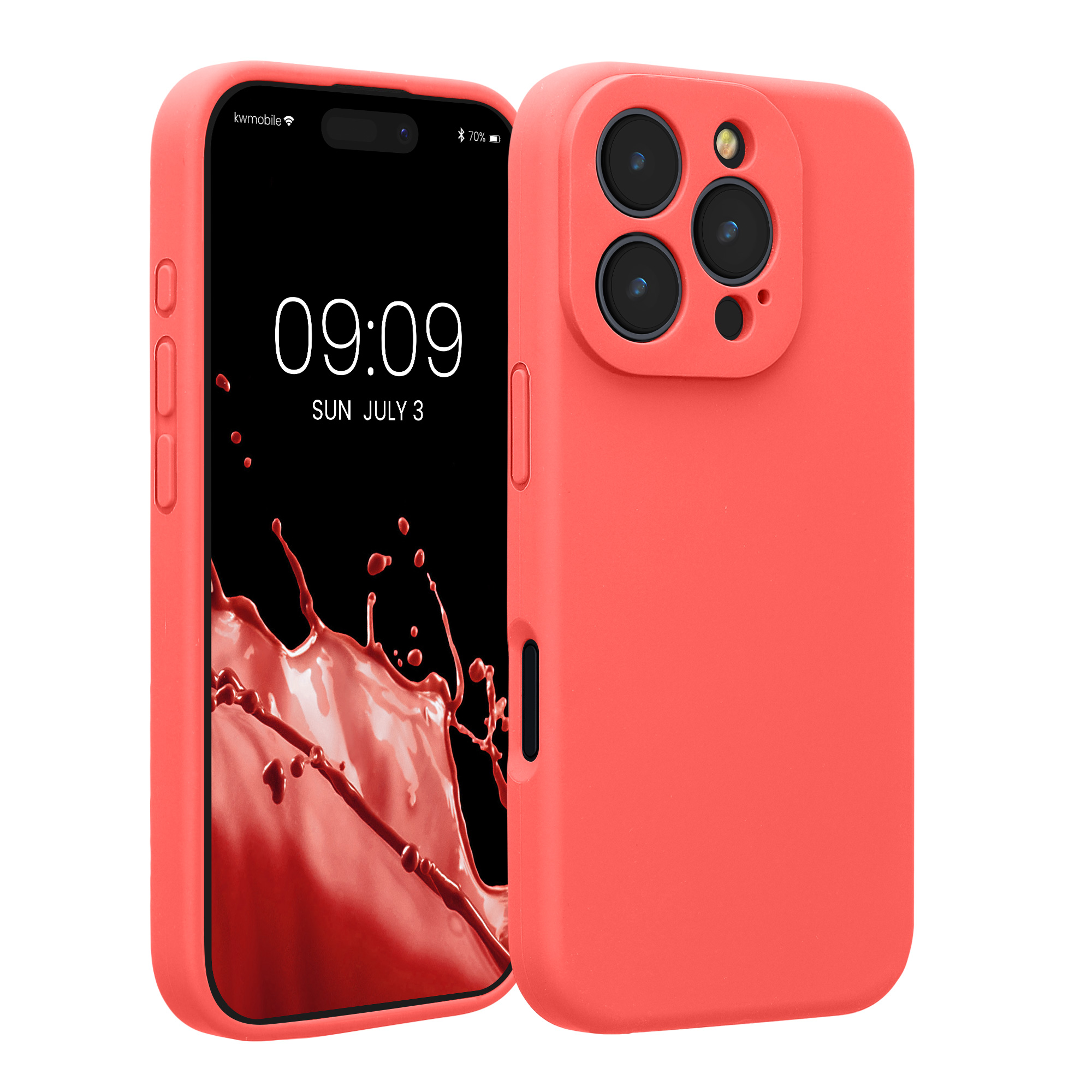 Gummierte Silikon Hülle mit Kameraschutz für Apple iPhone 16 Pro in Neon Koralle