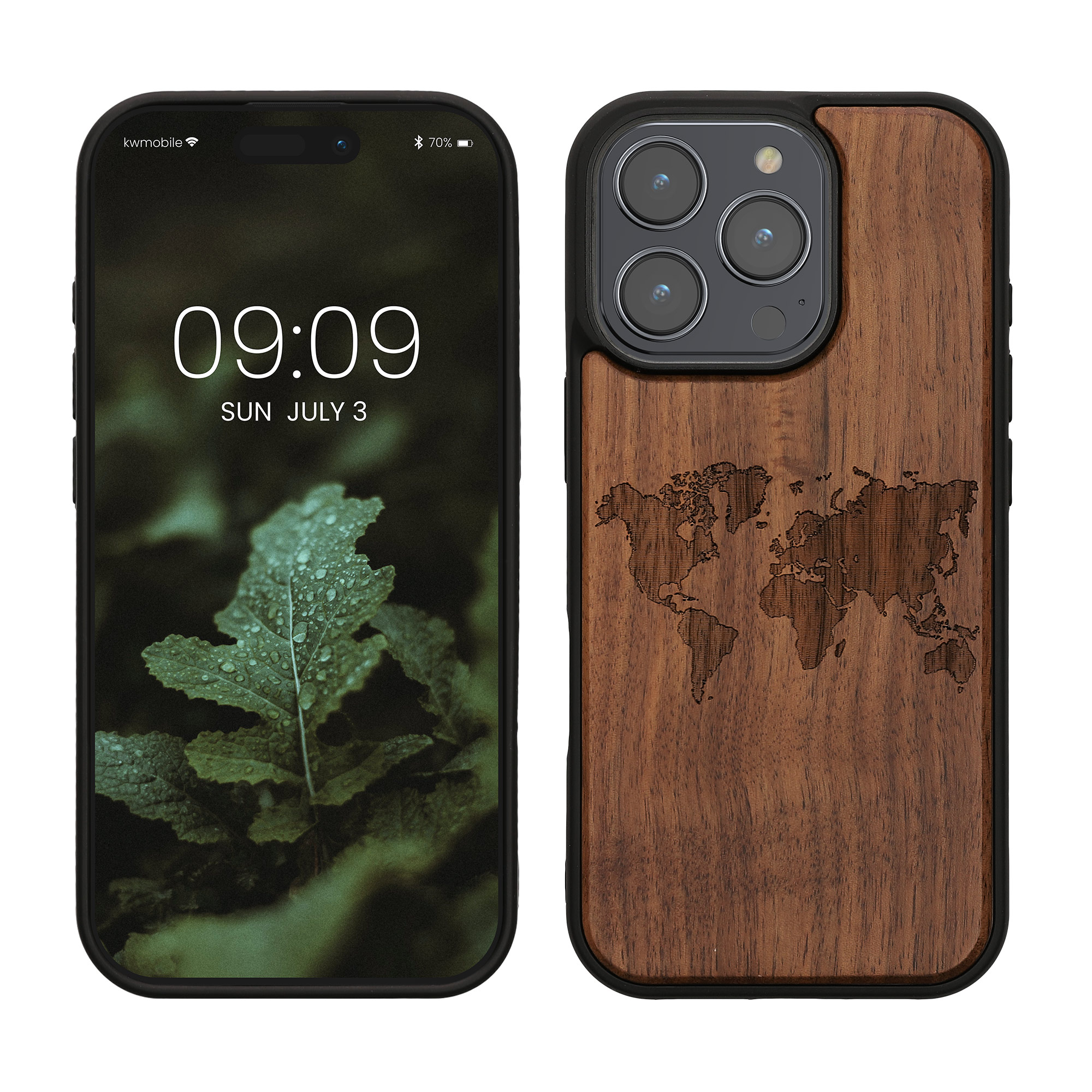 Holz Hardcase mit TPU Bumper für Apple iPhone 16 Pro Travel Umriss Design