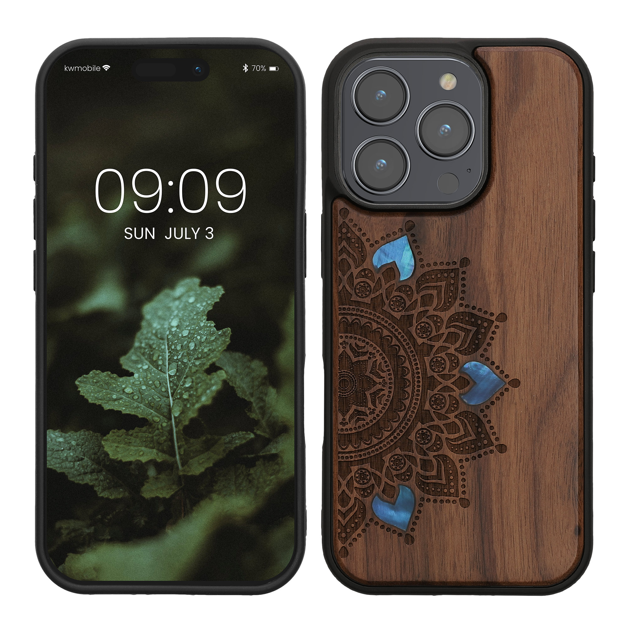 Holz Hardcase mit TPU Bumper für Apple iPhone 16 Pro Aufgehende Sonne Perlmutt Design