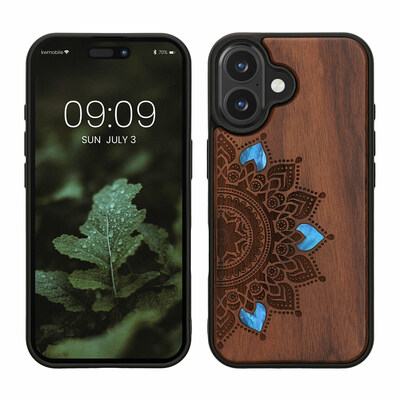 Holz Hardcase mit TPU Bumper für Apple iPhone 16 Aufgehende Sonne Perlmutt Design