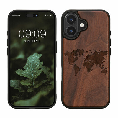 Holz Hardcase mit TPU Bumper für Apple iPhone 16 Travel Umriss Design