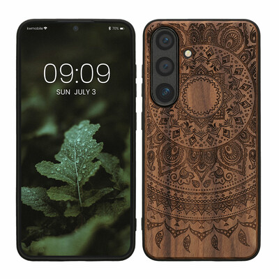 Holz Hardcase mit TPU Bumper für Samsung Galaxy S25 Indische Sonne Design