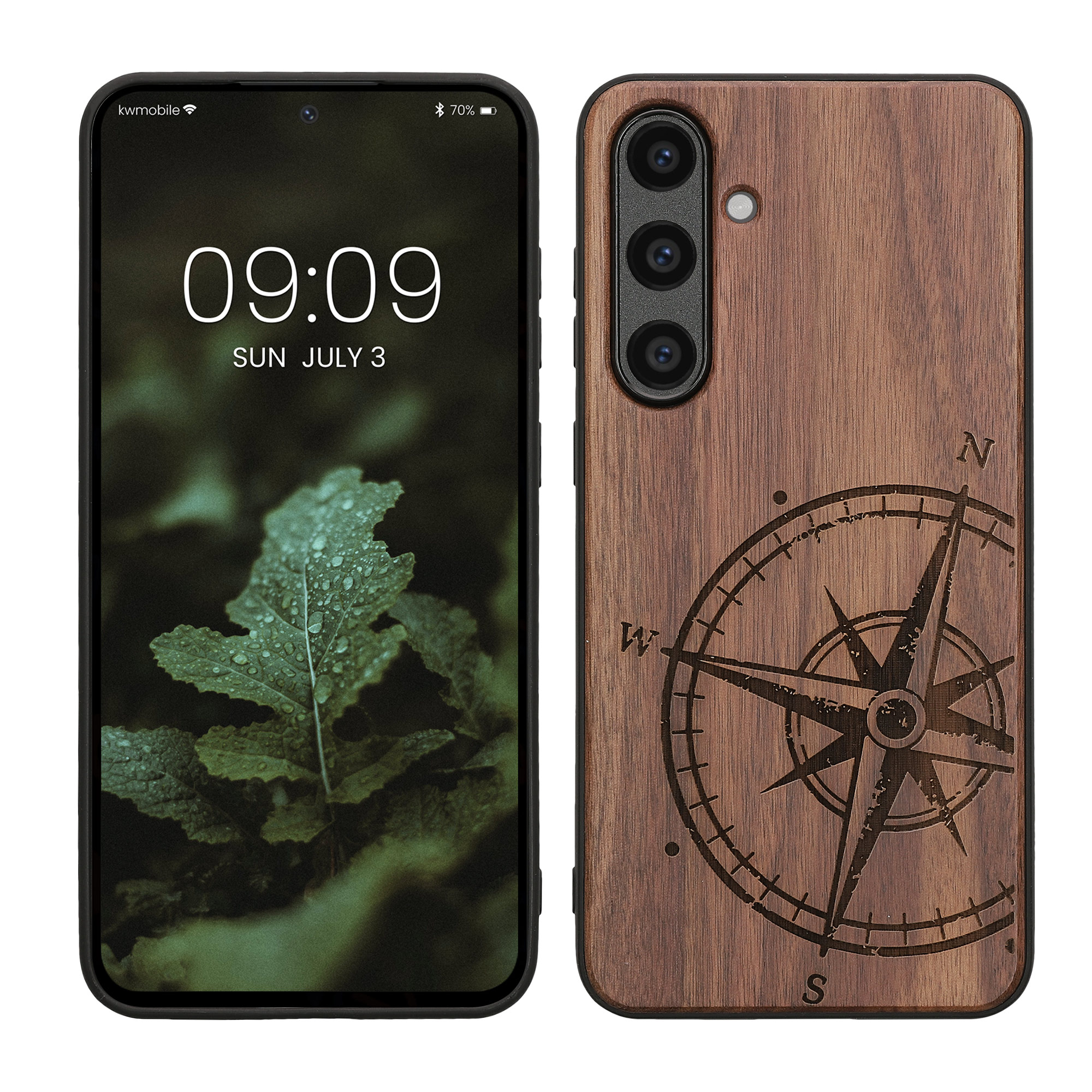 Holz Hardcase mit TPU Bumper für Samsung Galaxy S24 FE Kompass Vintage Design