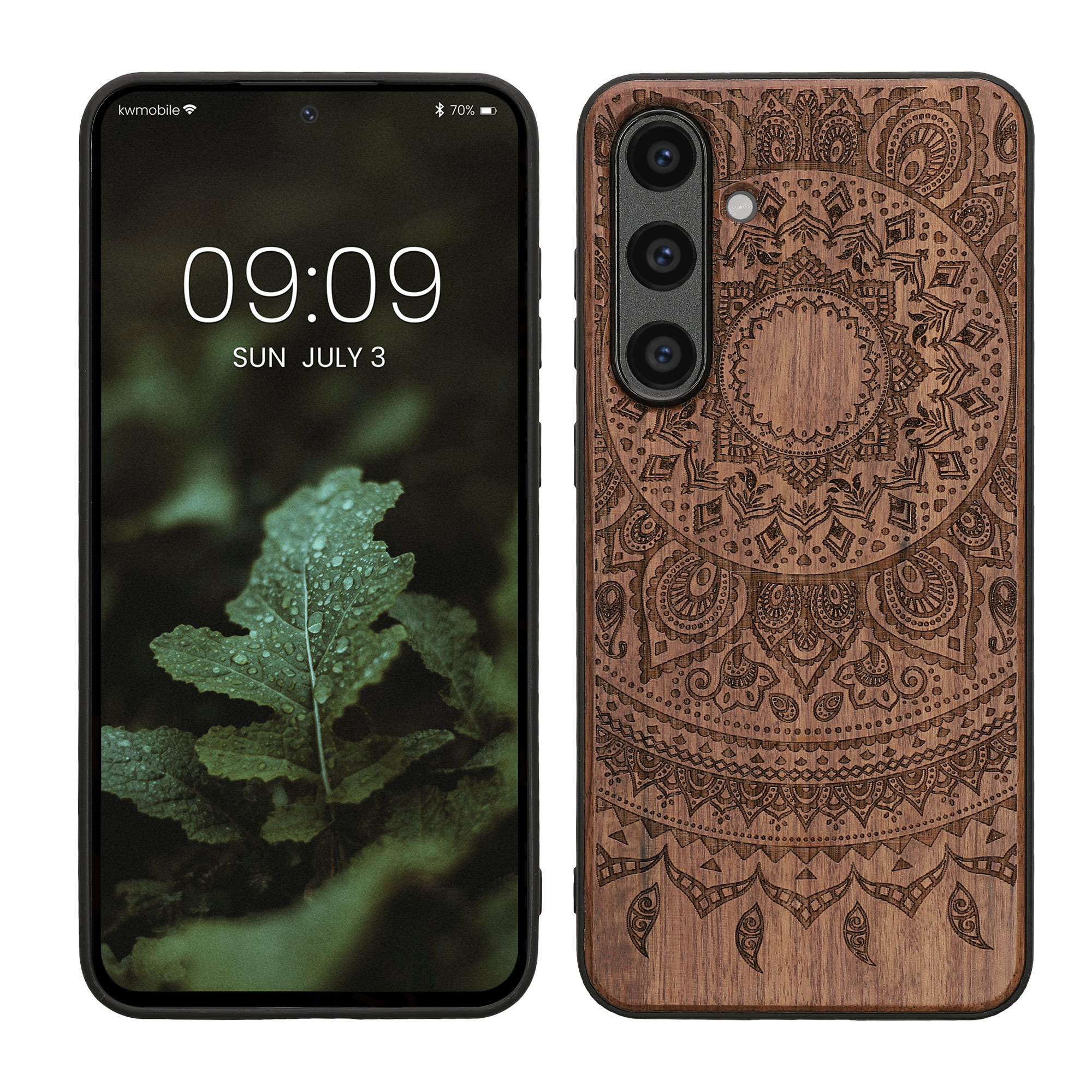 Holz Hardcase mit TPU Bumper für Samsung Galaxy S24 FE Indische Sonne Design