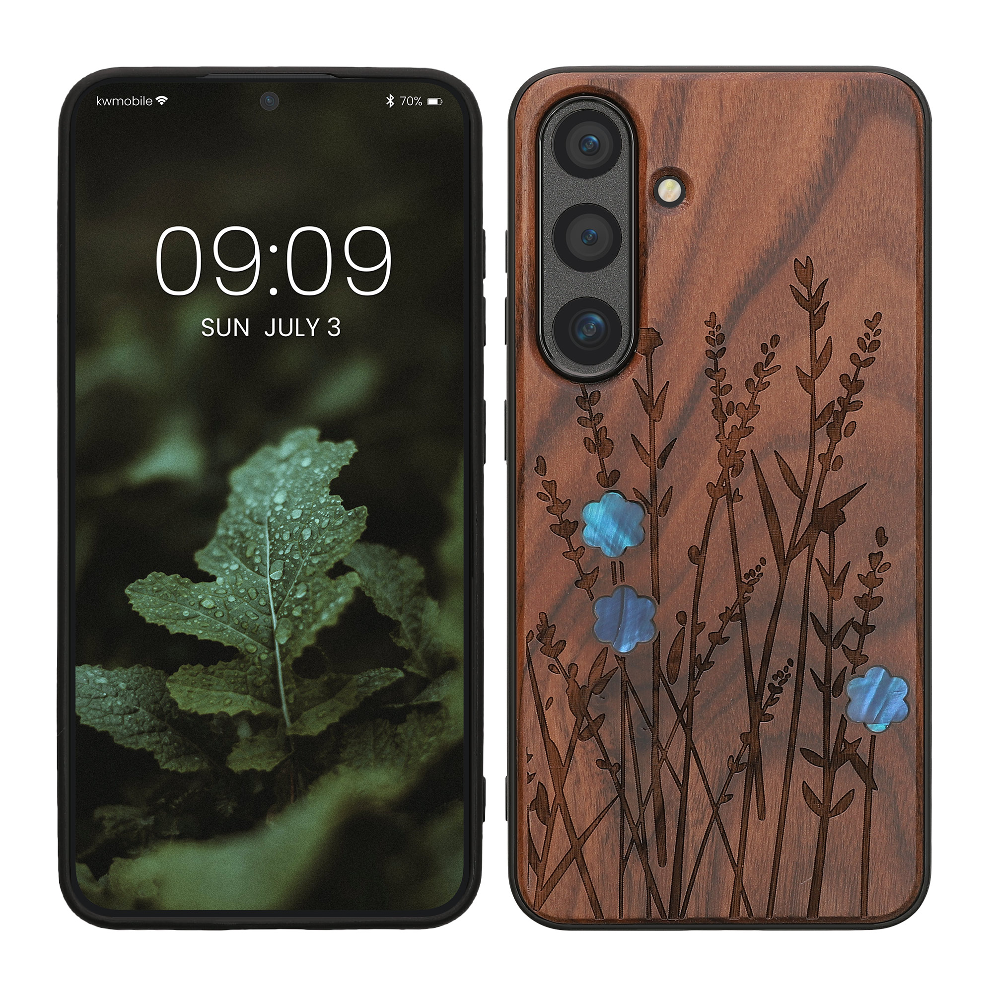Holz Hardcase mit TPU Bumper für Samsung Galaxy S25 Perlmutt-Lavendel Design
