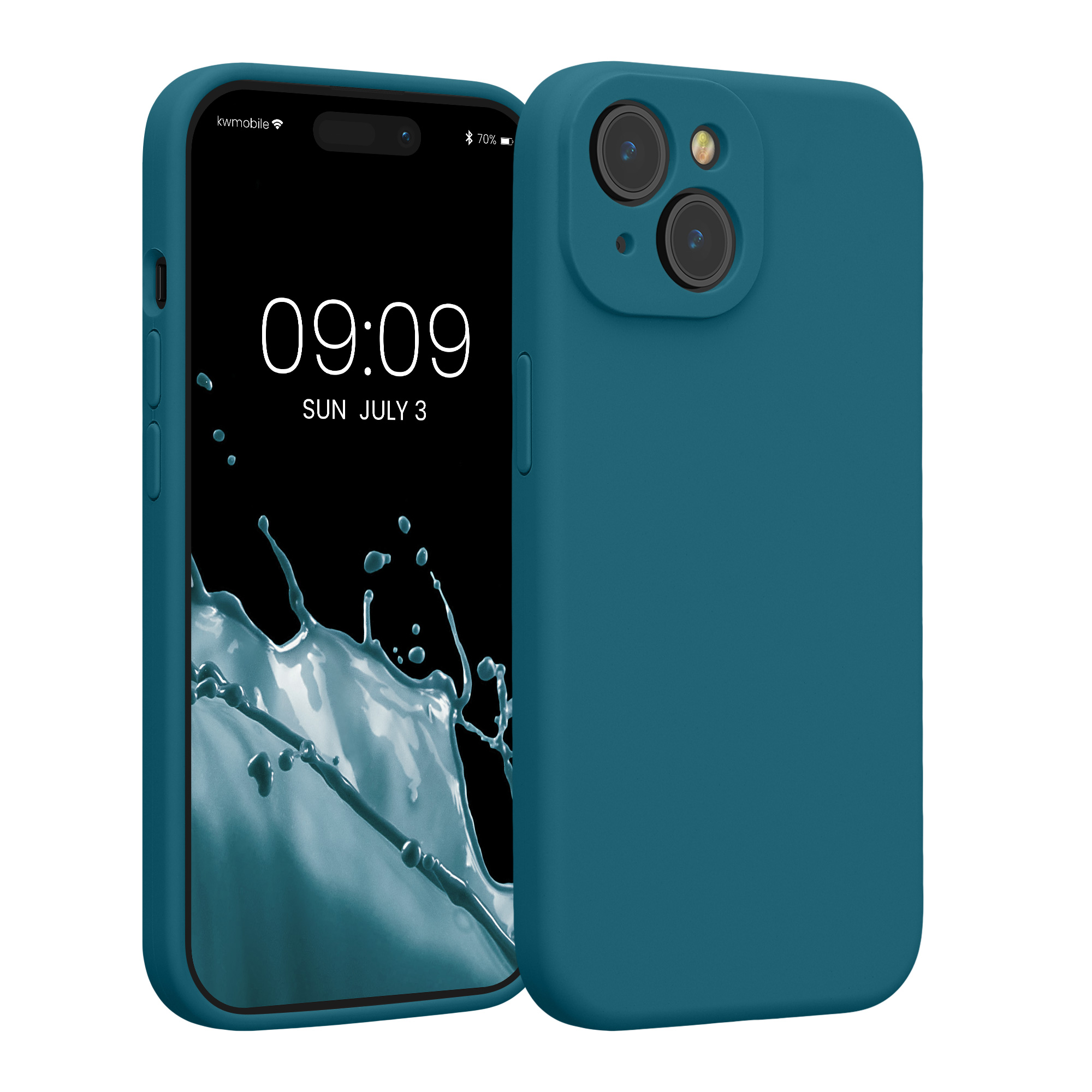 Gummierte Silikon Hülle mit Kameraschutz für Apple iPhone 15 in Petrol matt