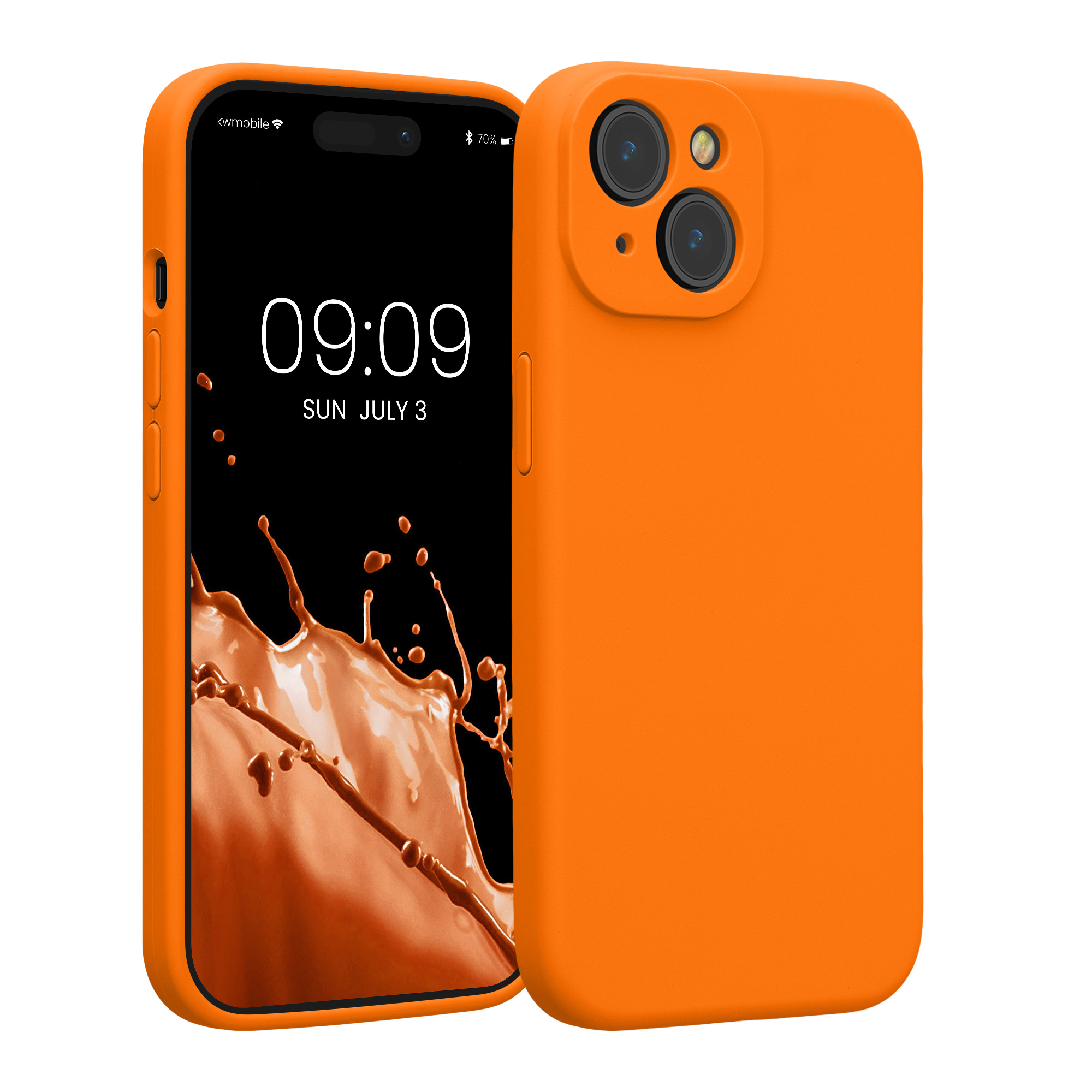 Gummierte Silikon Hülle mit Kameraschutz für Apple iPhone 15 in Fruity Orange
