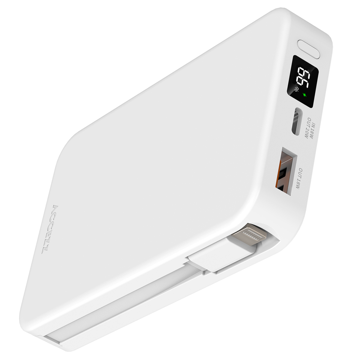 Accezz Powerbank 10.000 mAh mit integrierten Kabeln – Weiß Accezz Powerbank 10.000 mAh mit integrierten Kabeln – Weiß